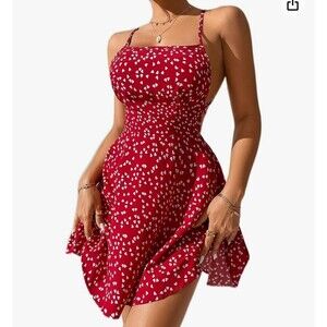 Women's Dresses Confetti Heart Print Criss Cross Tie Backless Cami Dress SZ MD